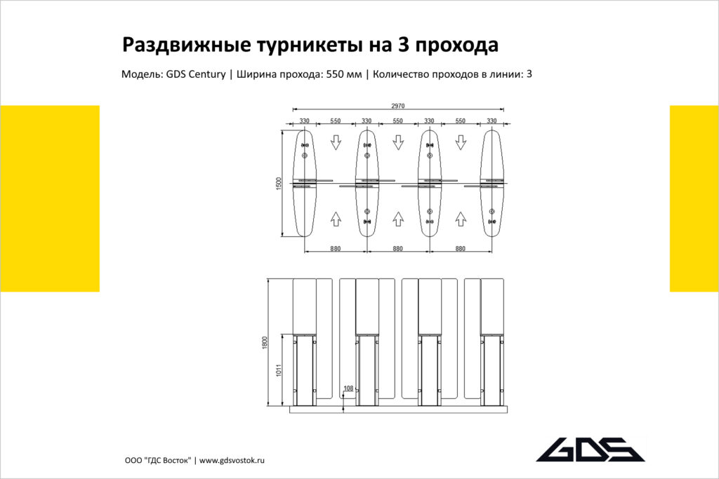 Раздвижные турникеты на 3 прохода GDS Century, чертёж