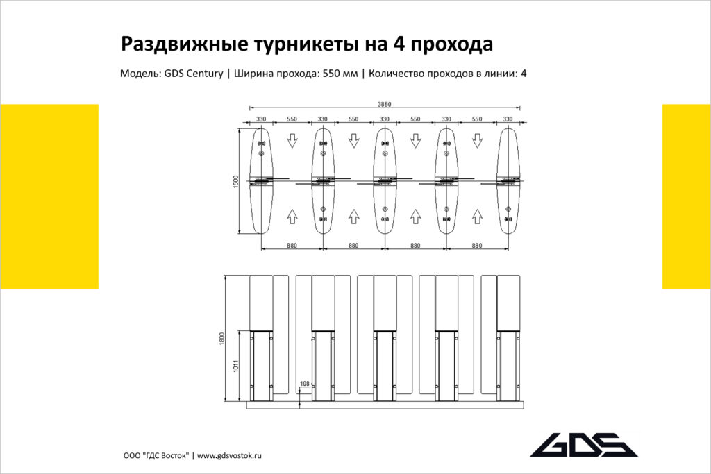 Раздвижные турникеты на 4 прохода GDS Century, чертёж