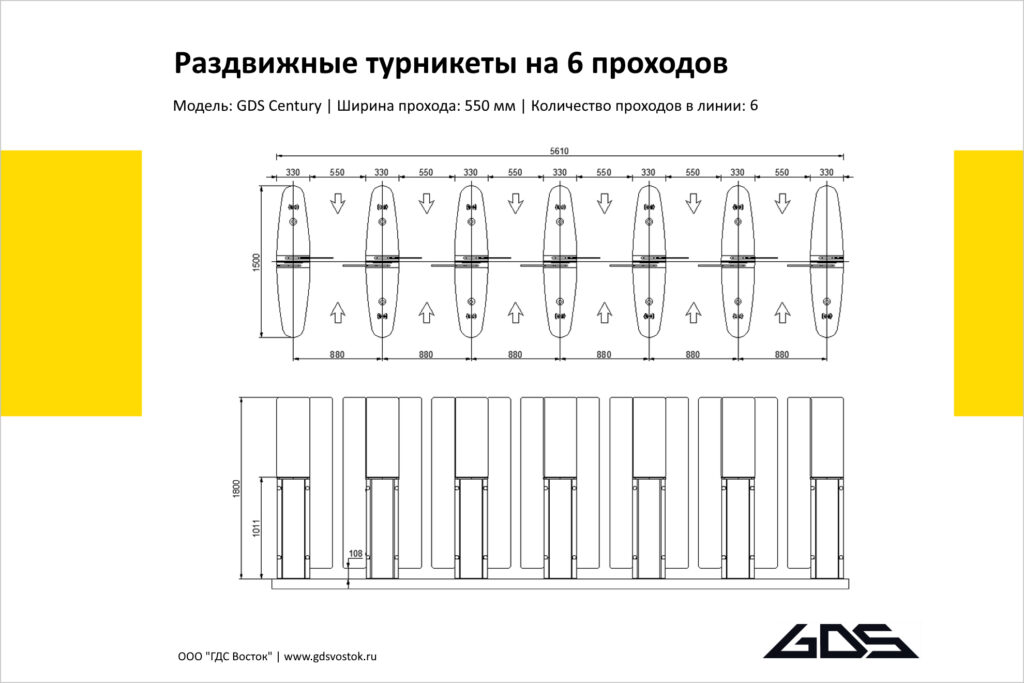 Раздвижные турникеты на 6 проходов GDS Century, чертёж