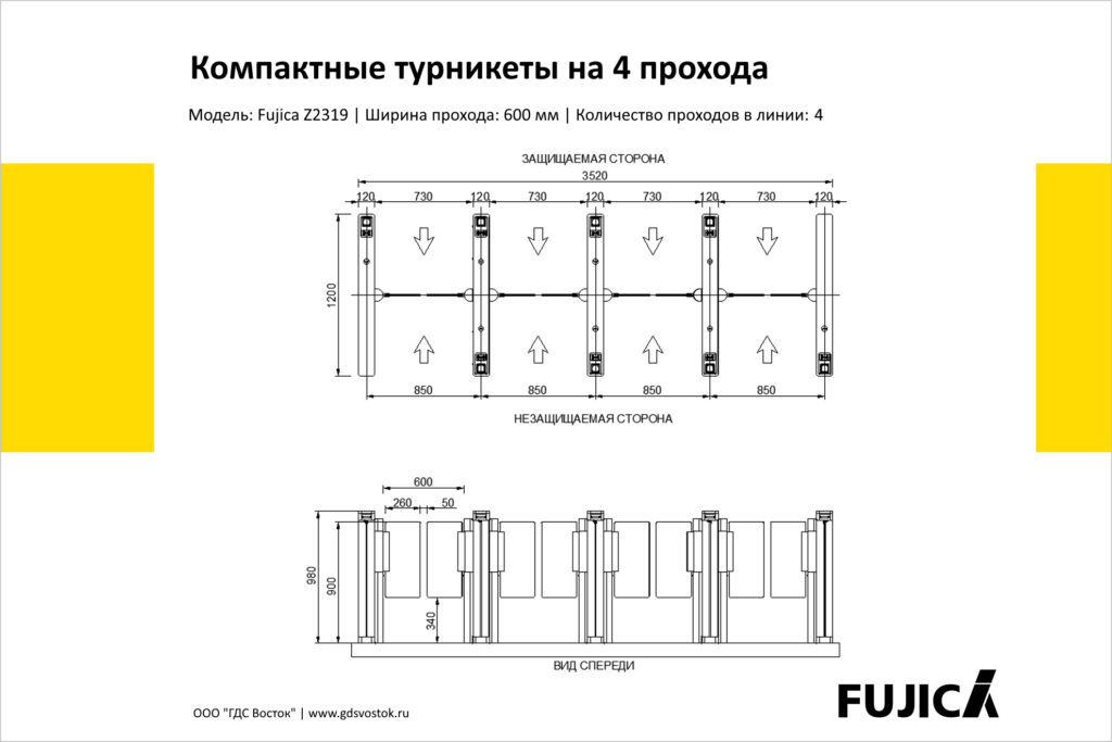 Компактные турникеты на 4 прохода Fujica Z2319, чертёж