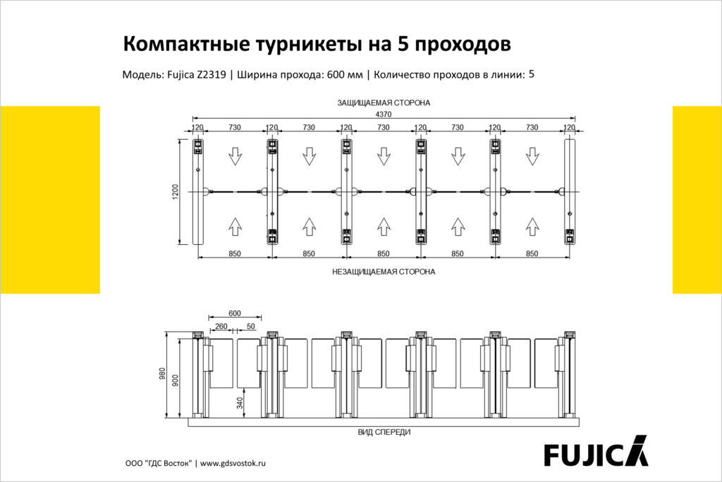 Компактные турникеты на 5 проходов Fujica Z2319, чертёж