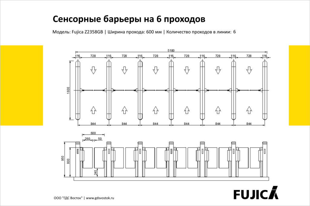 Сенсорные барьеры на 6 проходов Fujica Z2358GB, чертёж